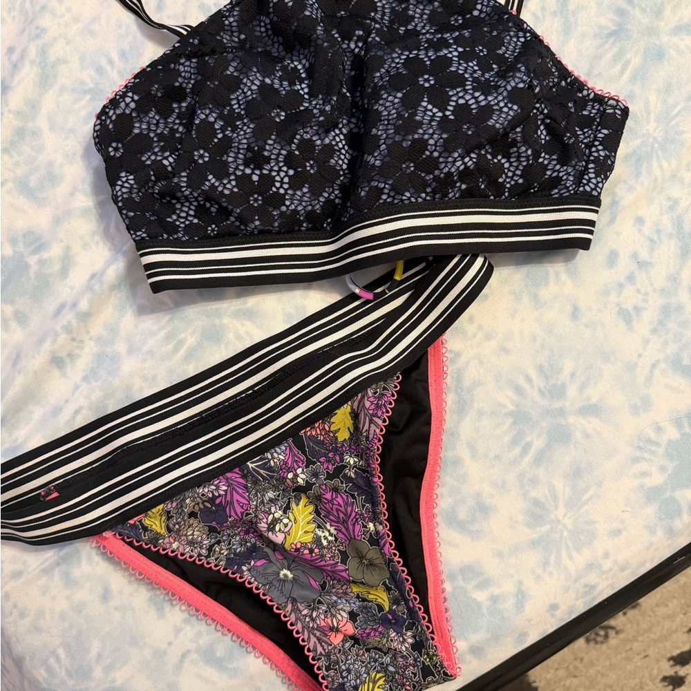 Victoria's Secret Black and Pink Floral Bikini